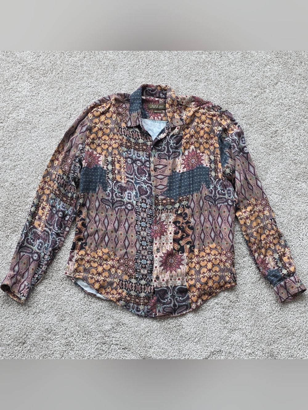 Zara Relaxed Fit Paisley Button-Up in Brown, Rust, Teal